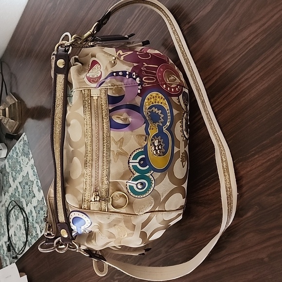 COACH POPPY Signature Graffiti Glam Tote Crossbody Bag Purse Shoulder Hobo Dust - Picture 3 of 17